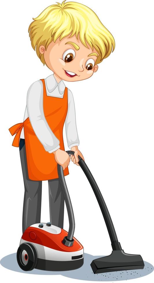 Cartoon character of a boy using vacuum cleaner vector