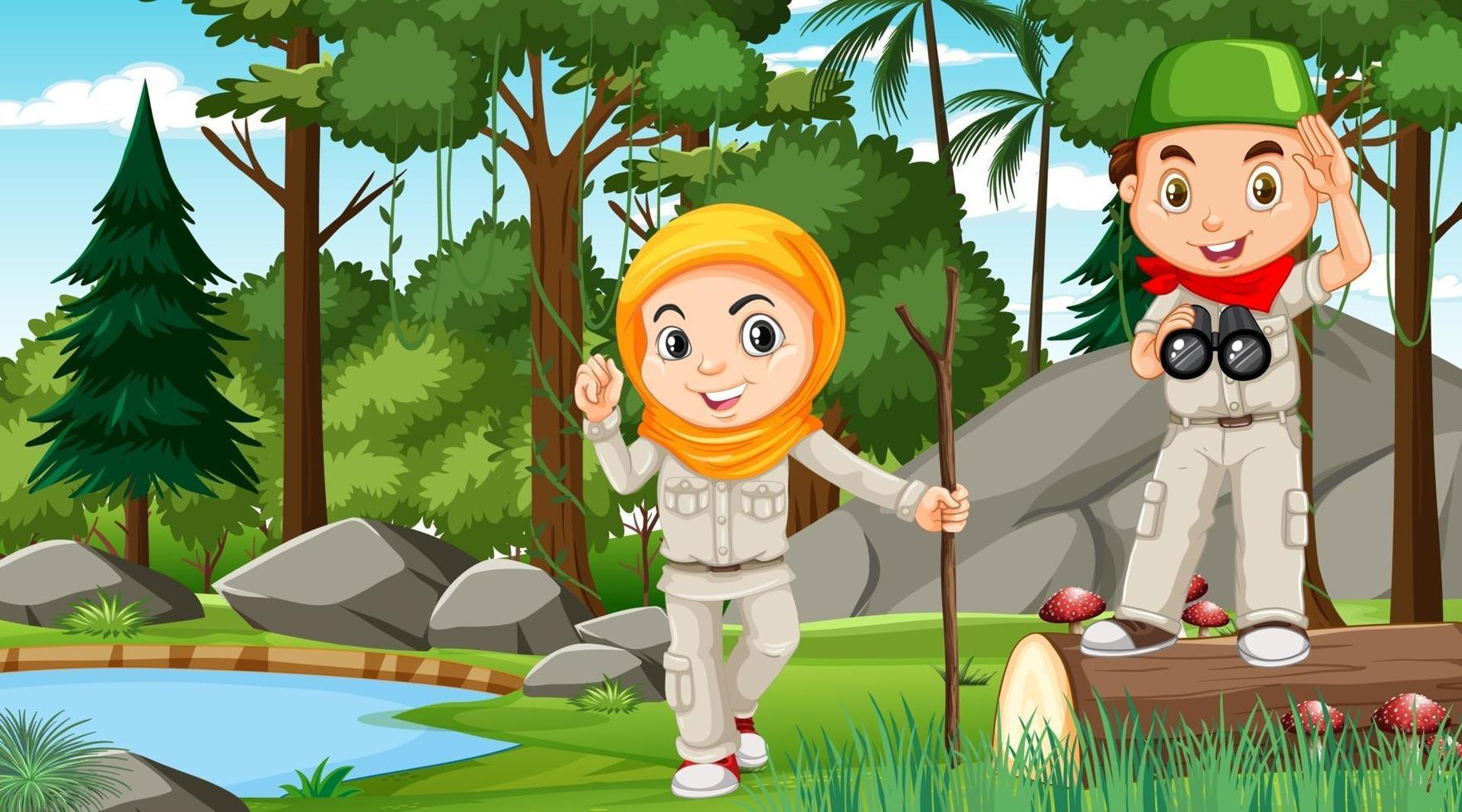 escena de la naturaleza con niños musulmanes explorando en el bosque vector