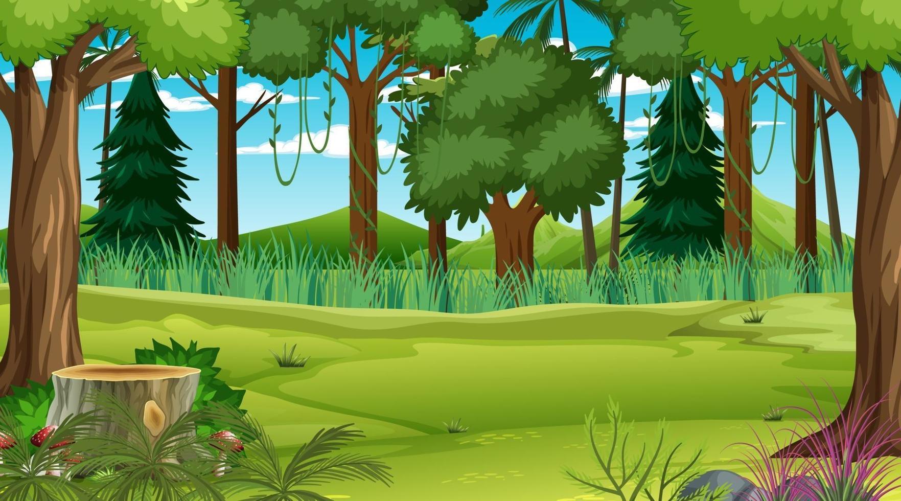 Forest at daytime scene with various forest plant and tree vector