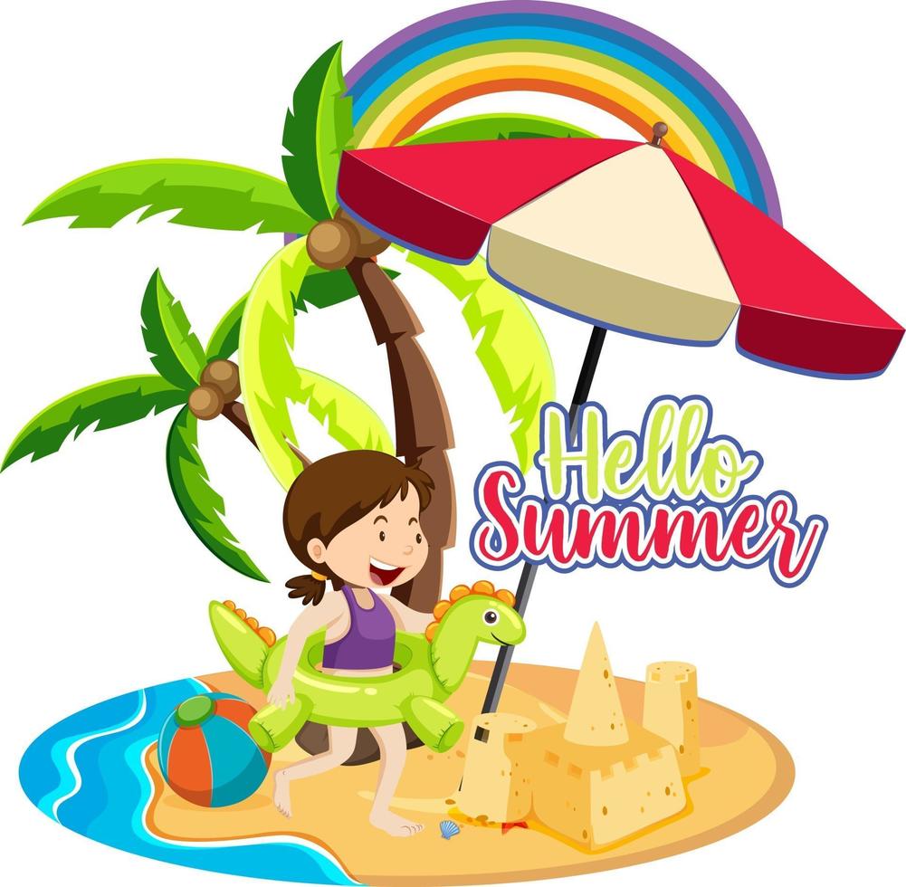 Hello Summer font with a girl on the island isolated vector