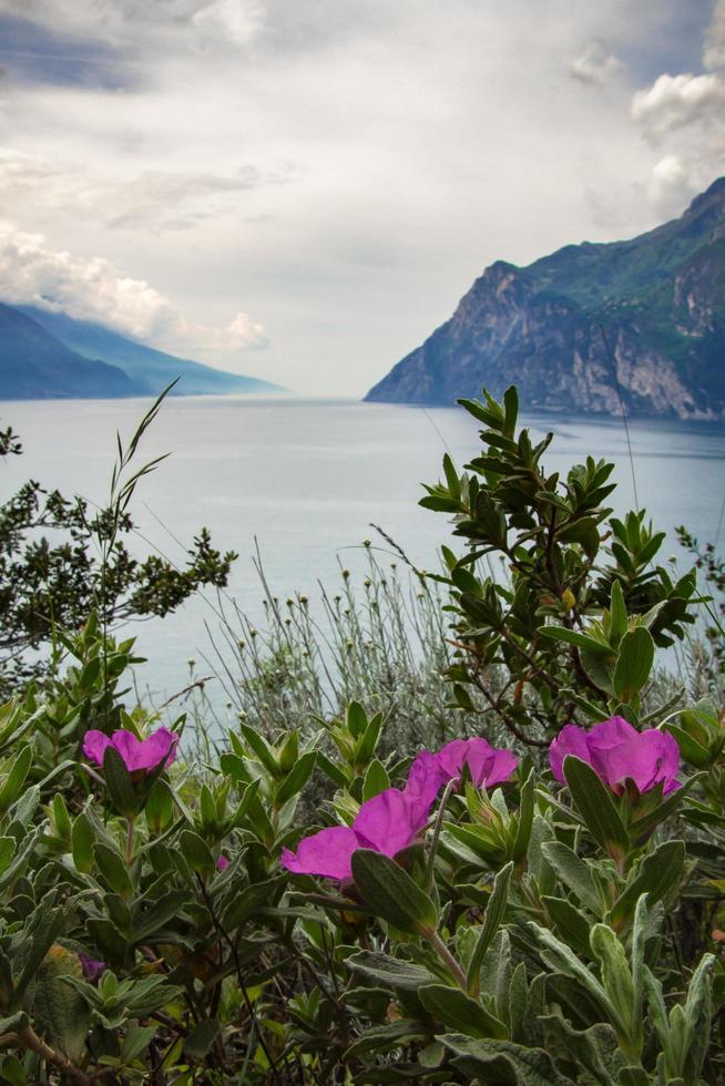 Vista del famoso lago de Garda en un día nublado desde el mirador en el área protegida de biotopo en Monte Brione, situado cerca de la ciudad de Riva del Garda y Torbole, Italia foto