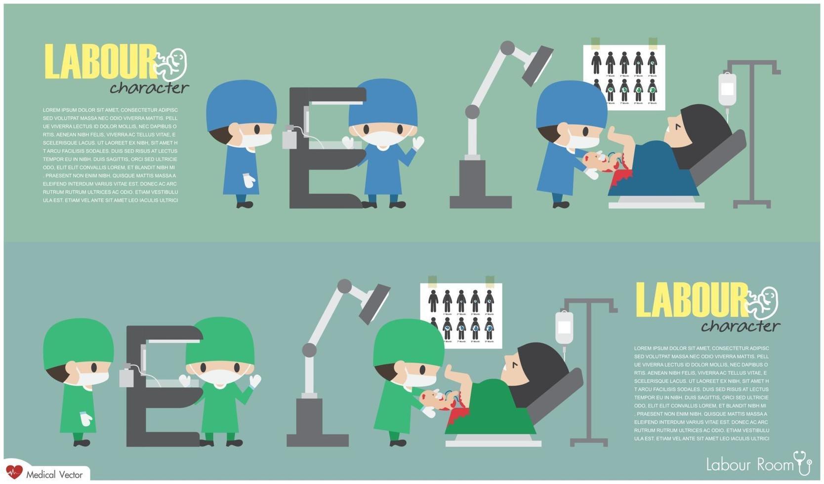 Labour Room . Obstetrician delivers a baby and nurses prepare a radiant warmer . Vector . Flat design .