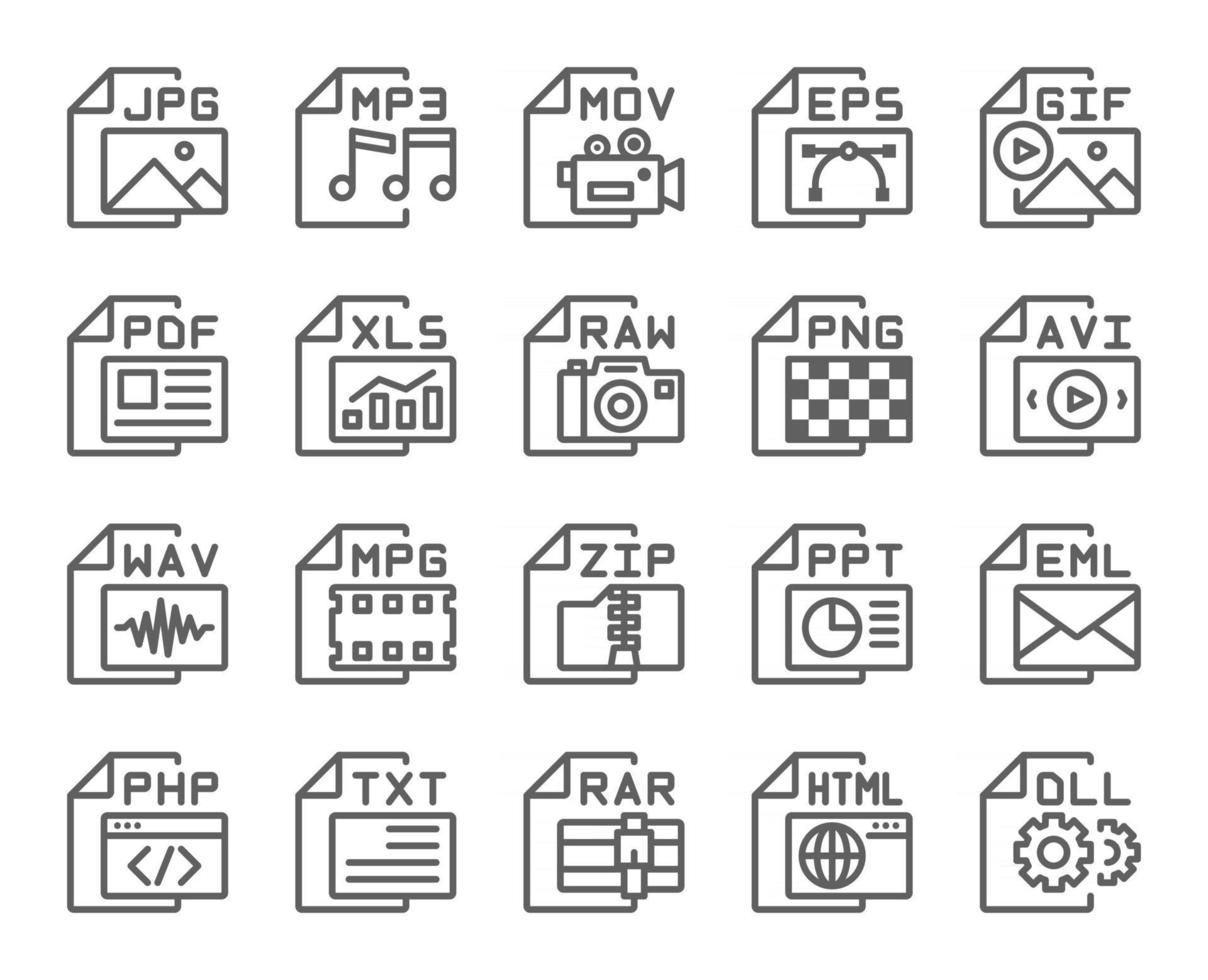 File format type outline icons set . Editable stroke . 48 x 48 pixel perfect . vector