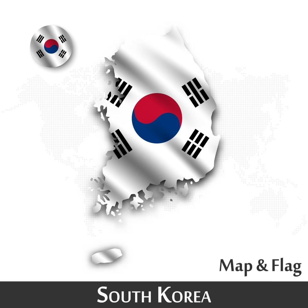 South korea map and flag . Waving textile design . Dot world map background . Vector