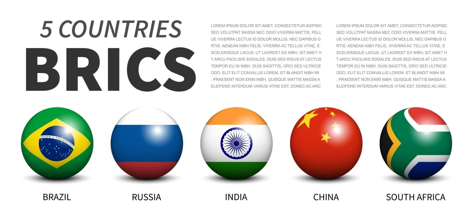 brics. asociación de 5 países. banner diseño de bola de esfera 3d. fondo blanco aislado. vector. vector