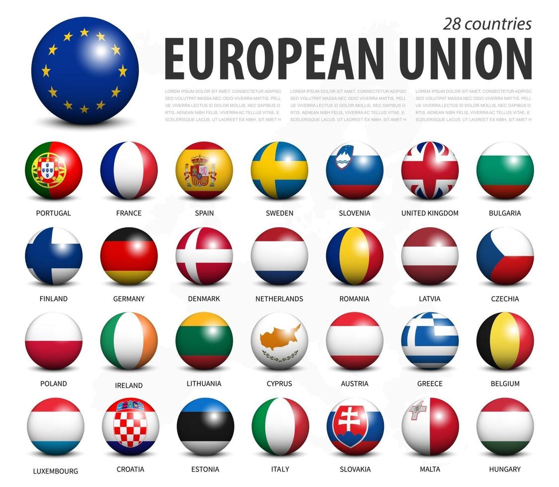 European union EU 3D circle balls line up and member flags design . White isolated background and europe map . Vector .