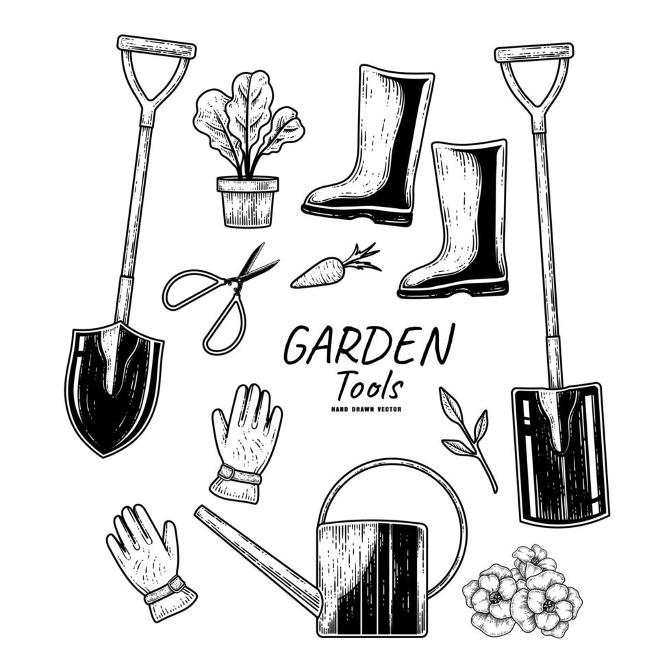 boceto conjunto de vectores de herramientas de jardinería. pala, pala, maceta, guantes, botas, tijera y regadera ilustración dibujada a mano