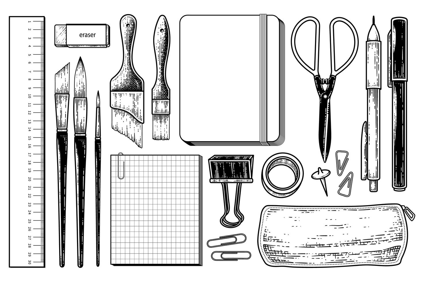 Vintage Stationery elements Collection Hand drawn Sketch Illustration. Notebook,Brush,Paper clip,Scissors,Pencil,Pen,Rubber,Tape,Ruler,pin and Pencil case Vector