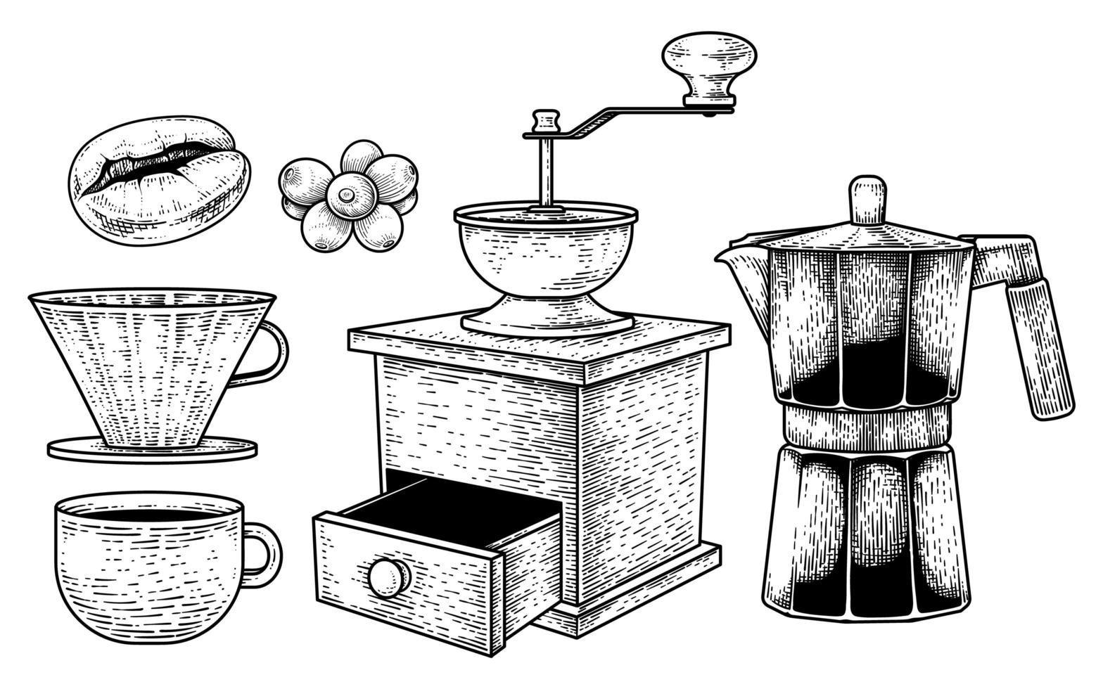 boceto conjunto de vectores de herramientas de cafetera. grano de café, bayas, gotero vertido, una taza, molinillo de café manual y espresso o moka ilustración dibujada a mano