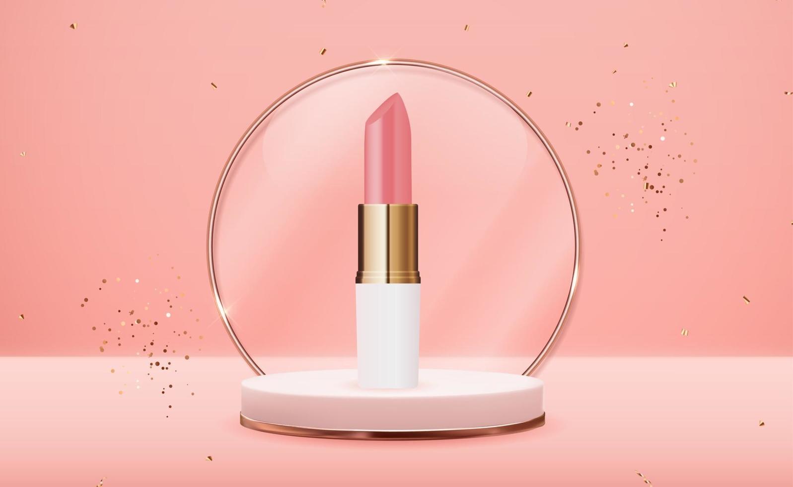 3D Realistic Red Lipstick on White Podium Design Template of Fashion Cosmetics Product for Ads, flyer, banner or Magazine Background. Vector Iillustration