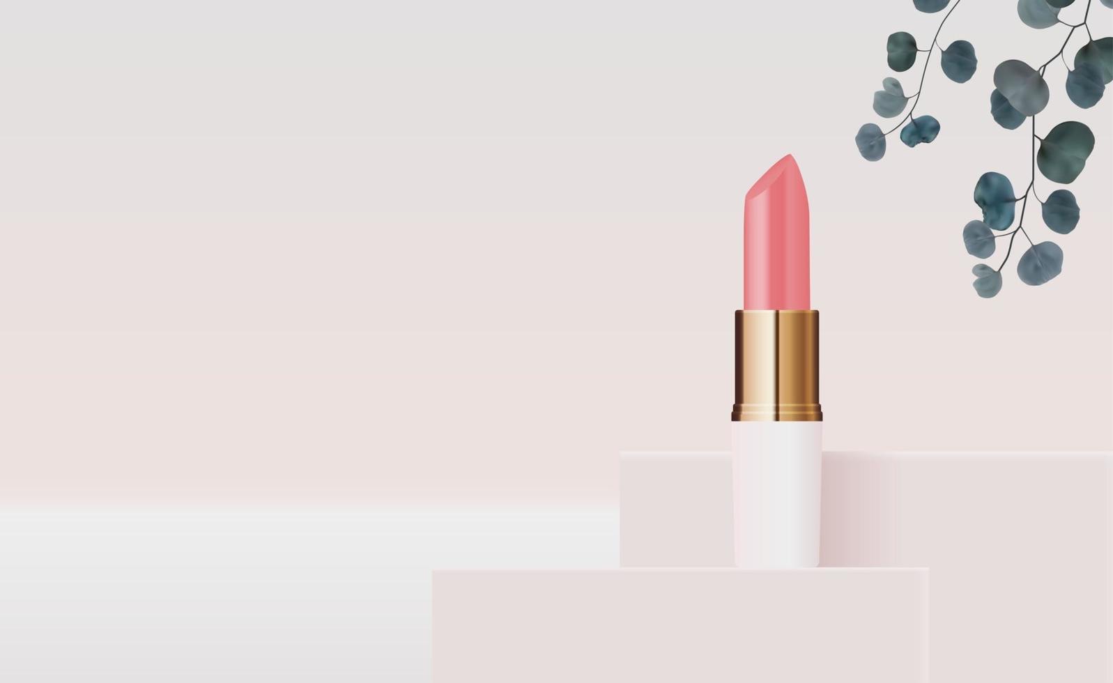 3D Realistic Natural Lipstick on Pink Podium Design Template of Fashion Cosmetics Product for Ads, flyer or Magazine Background. Vector Iillustration