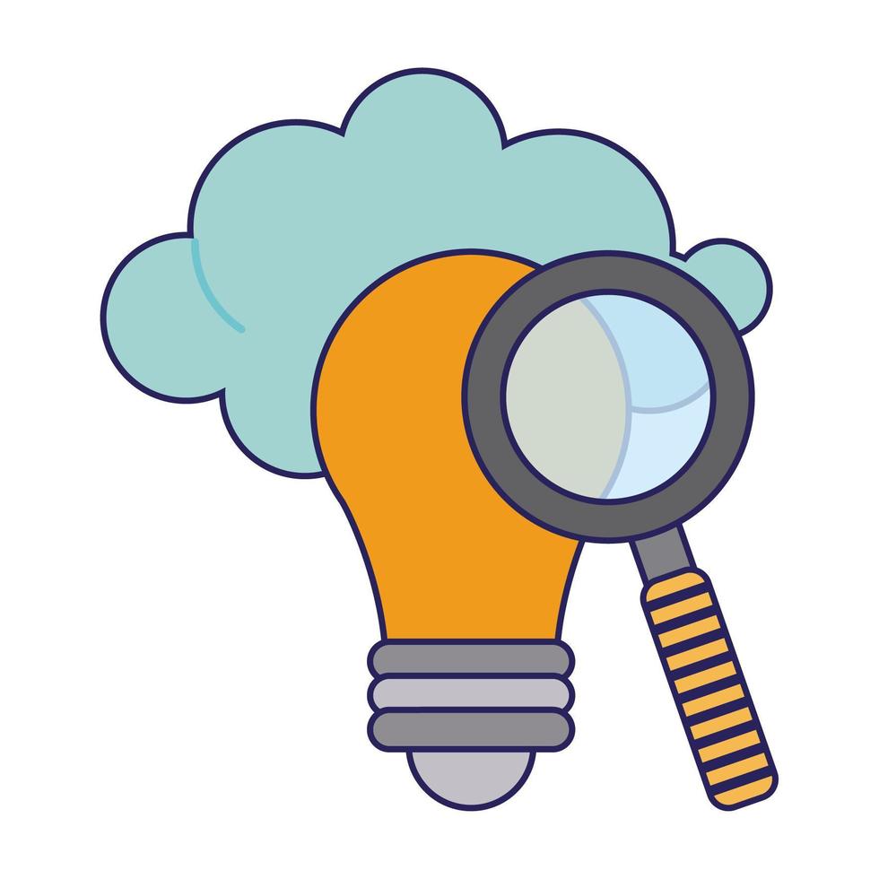 Magnifying glass on bulb light with cloud vector