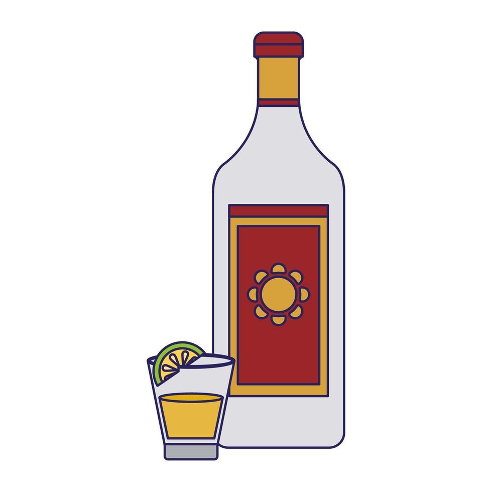 Tequila bottle and shot with lemon vector