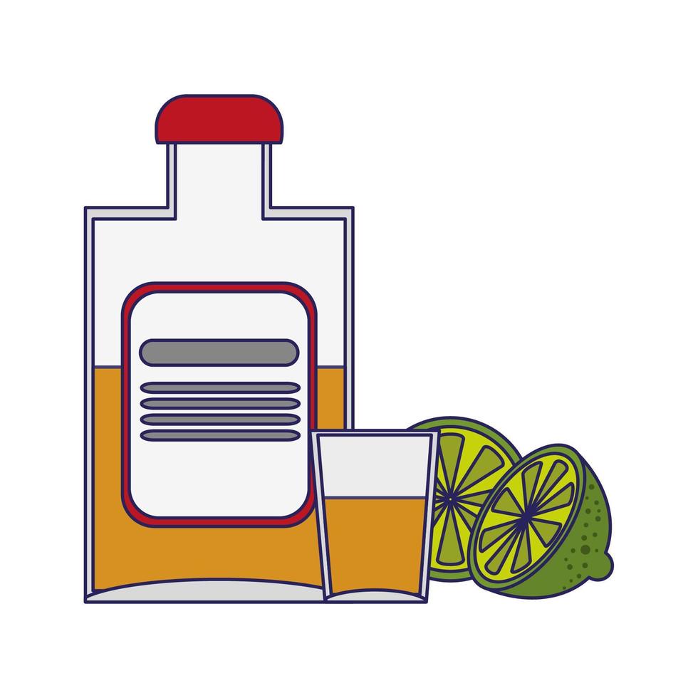 Tequila bottle and shot with lemons vector