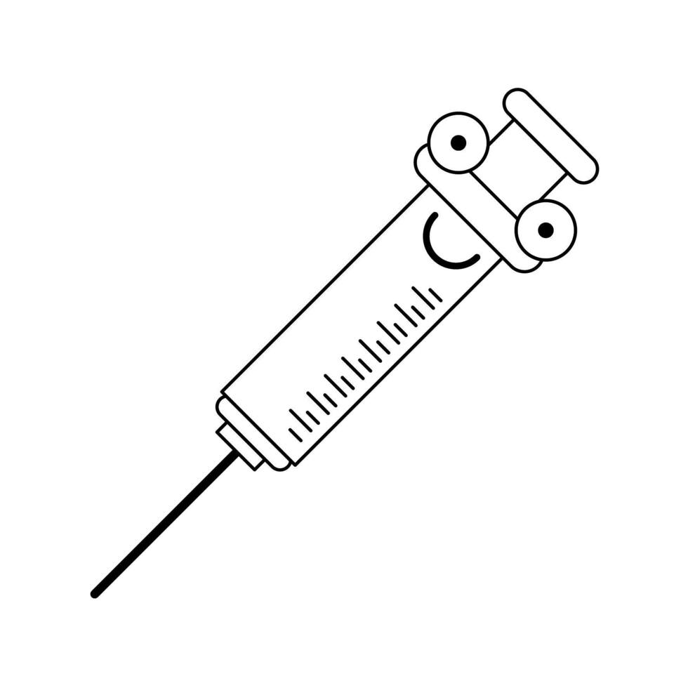 Medical syringe cute cartoon in black and white vector