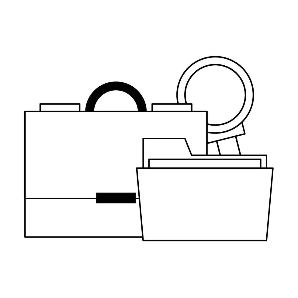 Business briefcase folder and magnifying glass in black and white vector