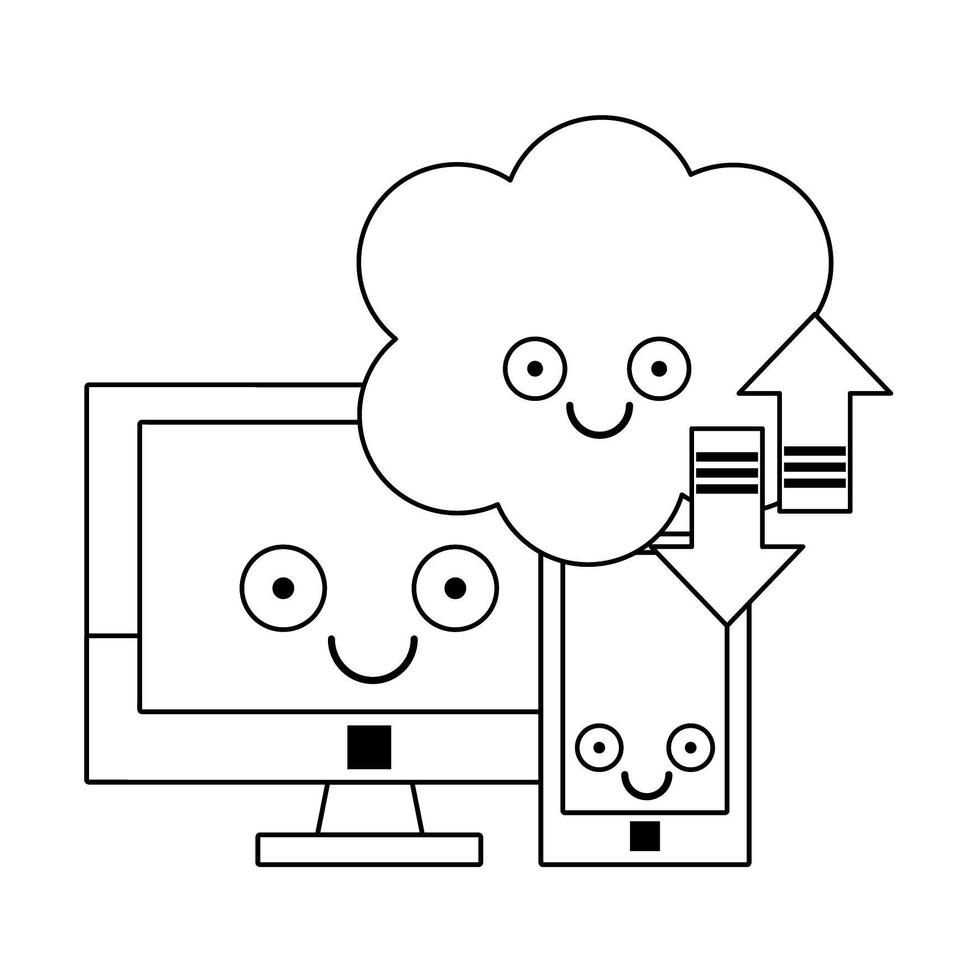 Comouter y teléfono inteligente con computadora en la nube en blanco y negro vector