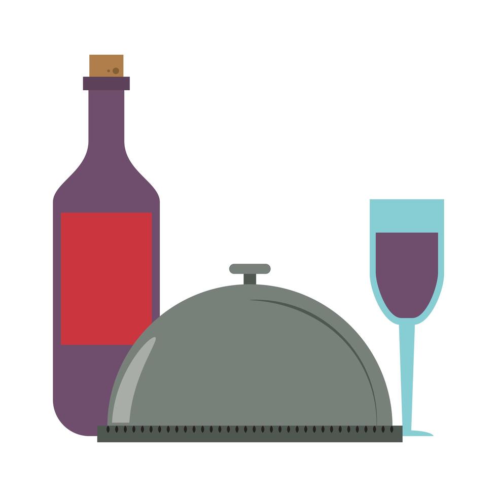 Restaurante comida y cocina bandeja de comida y botella y vaso con vino icono dibujos animados ilustración vectorial diseño gráfico vector