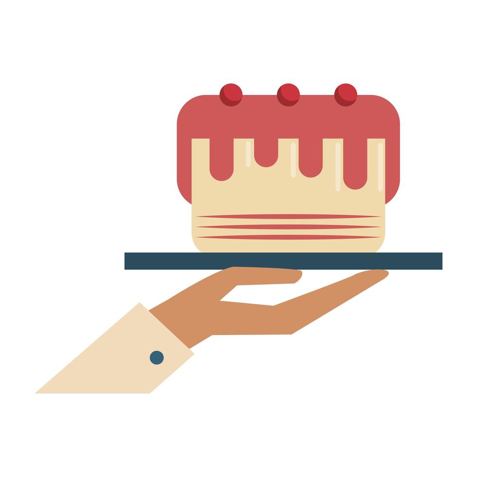 restaurant food and cuisine hand holding a food tray with cake with cherries icon cartoons vector illustration graphic design