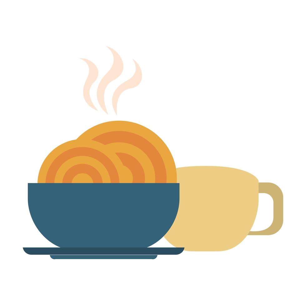 Restaurante, comida y cocina, espaguetis en un cuenco y taza de café, icono, caricaturas, vector, ilustración, diseño gráfico vector