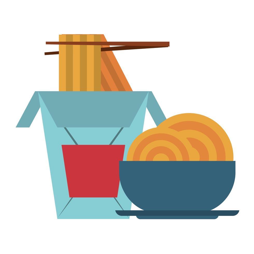 Restaurante de comida y cocina comida china con palillos y espaguetis en un cuenco icono dibujos animados ilustración vectorial diseño gráfico vector