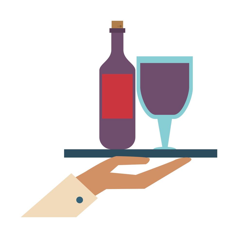 Restaurante comida y cocina mano sosteniendo una botella y vaso con vino icono dibujos animados ilustración vectorial diseño gráfico vector