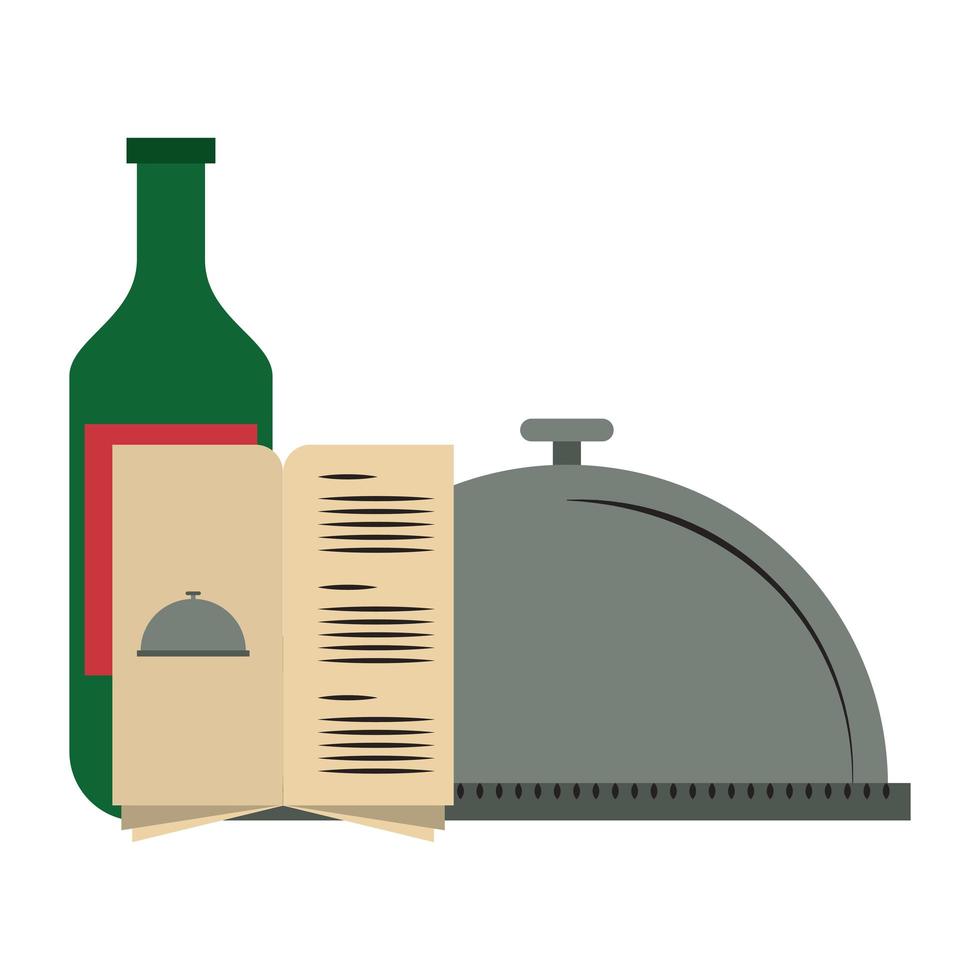 Restaurante comida y botella de cocina con vino, bandeja de comida e icono de menú caricaturas ilustración vectorial diseño gráfico vector