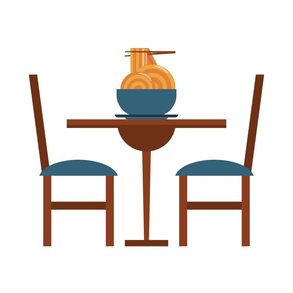Restaurante de comida y cocina comida china y espaguetis con palillos sobre un icono de mesa de restaurante dibujos animados ilustración vectorial diseño gráfico vector