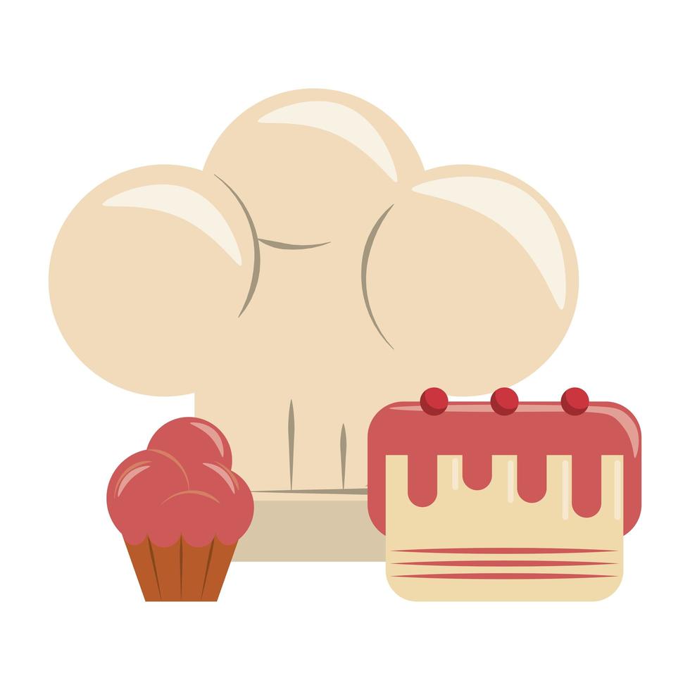 restaurant food and cuisine chef hat, cake with cherries and muffin icon cartoons vector illustration graphic design
