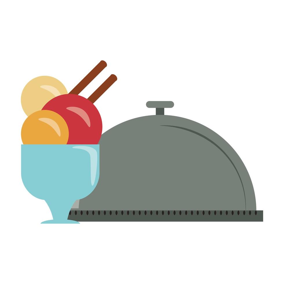 Restaurante comida y cocina bandeja y taza de comida con helado icono dibujos animados ilustración vectorial diseño gráfico vector