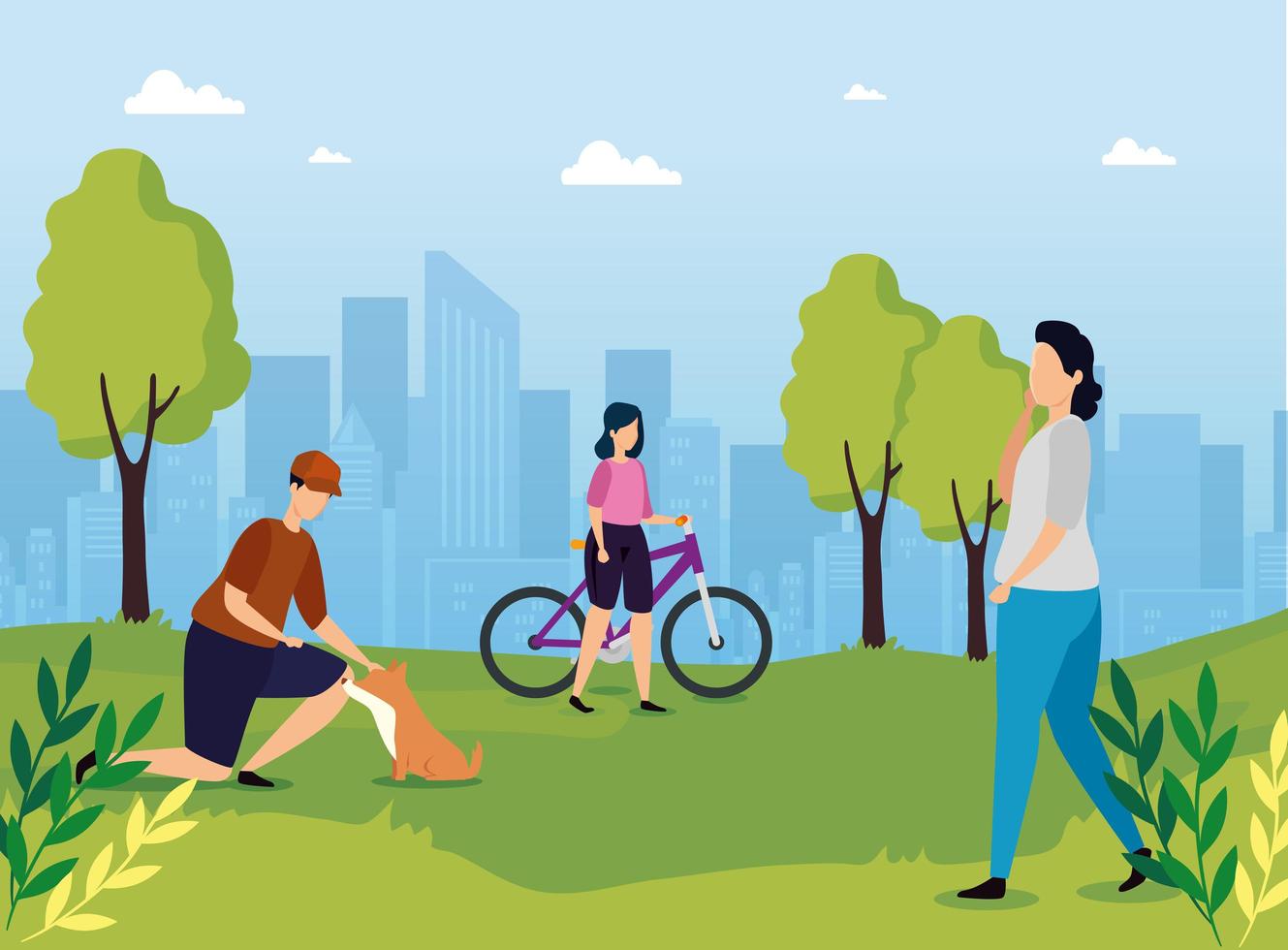 people in park with urban landscape vector