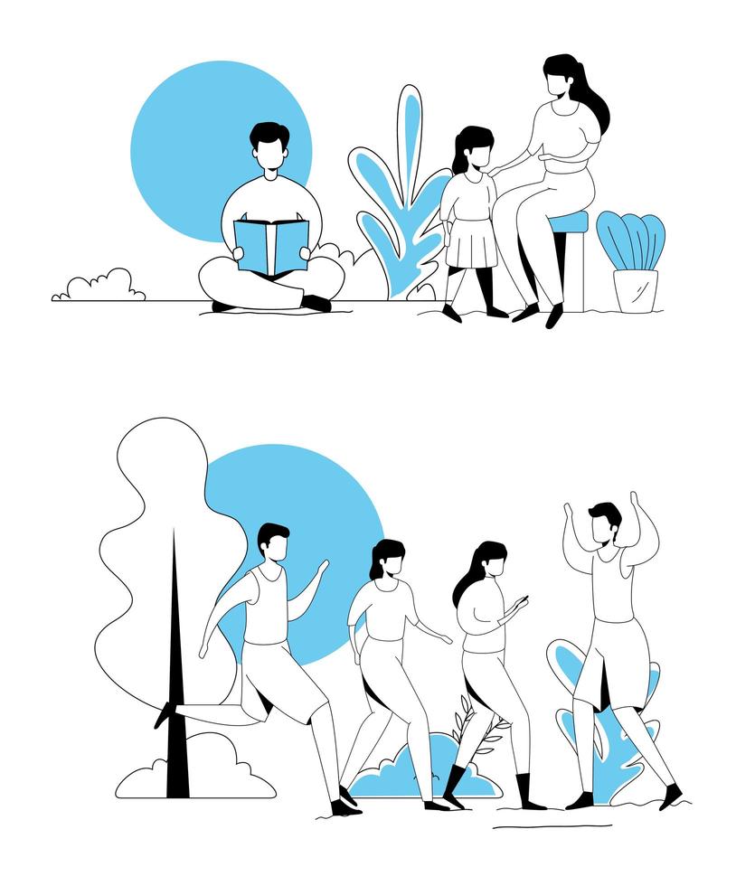 set scenes of young people doing activities vector