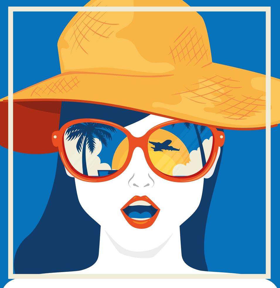 cartel de viaje y rostro de mujer con sombrero verano femenino vector
