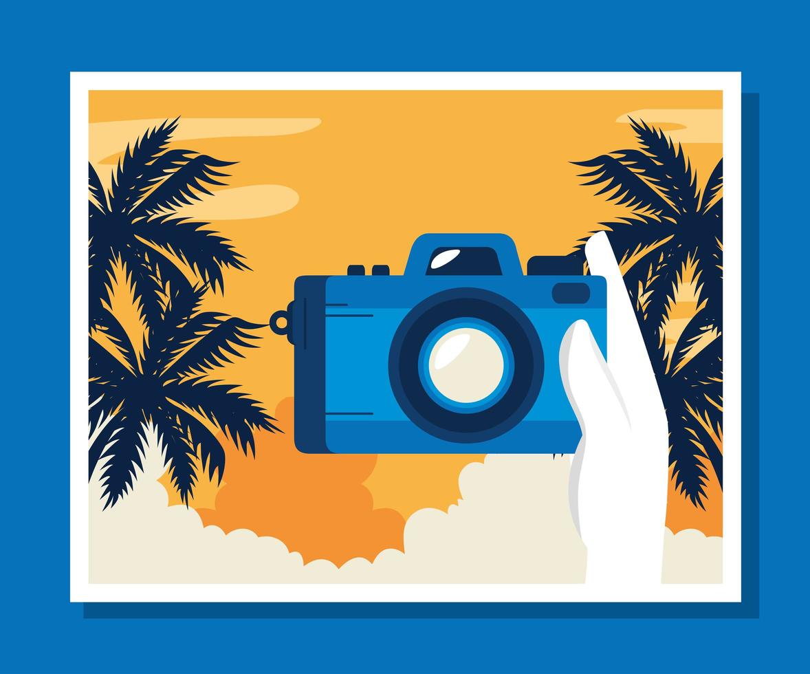 travel poster with camera and palms tree vector