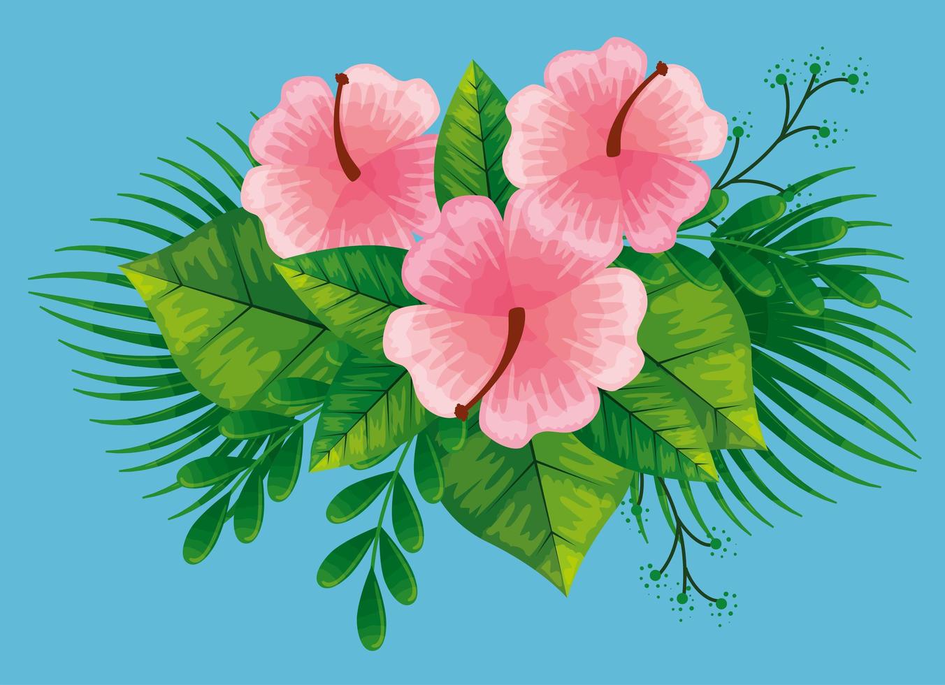 cute flowers pink color with branches and tropical leafs vector