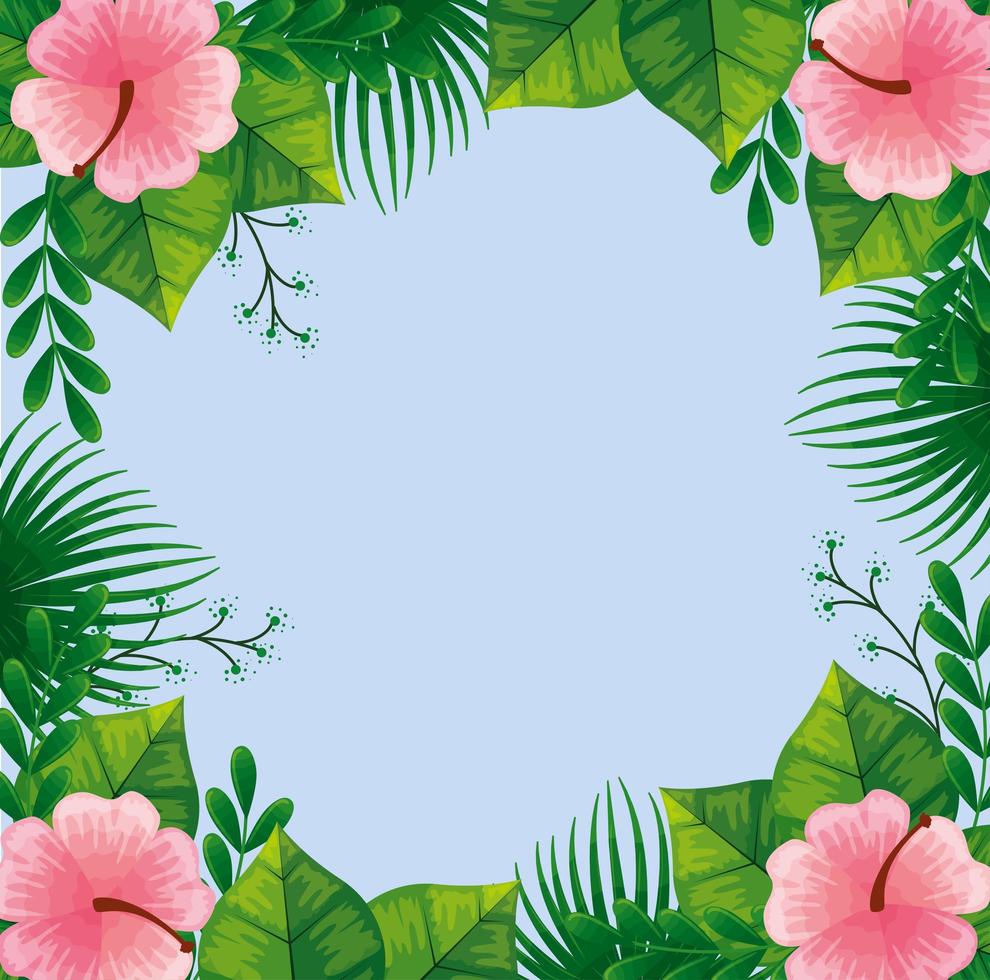 frame of cute flowers pink with branches and leafs vector