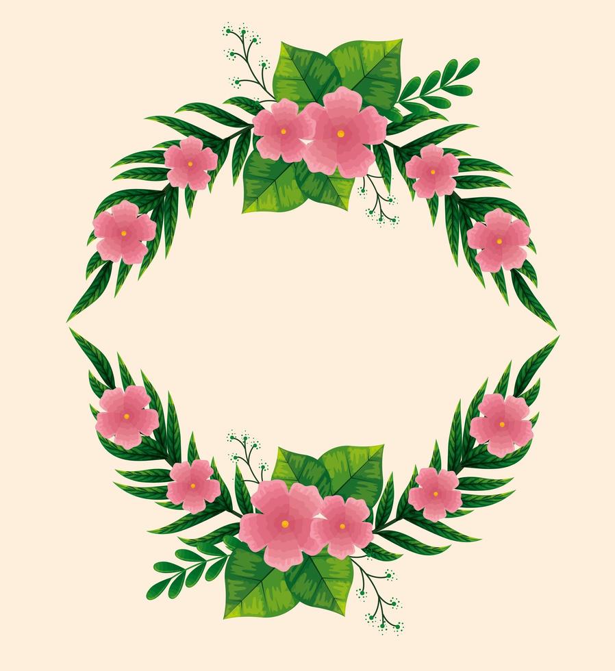 frame of cute flowers pink with branches and leafs vector