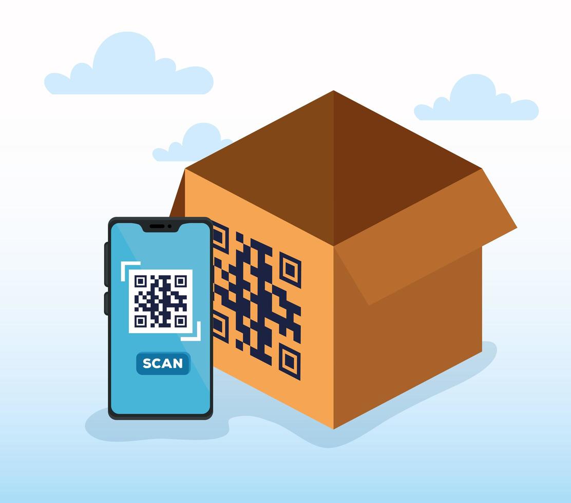 scan qr code in box with smartphone vector