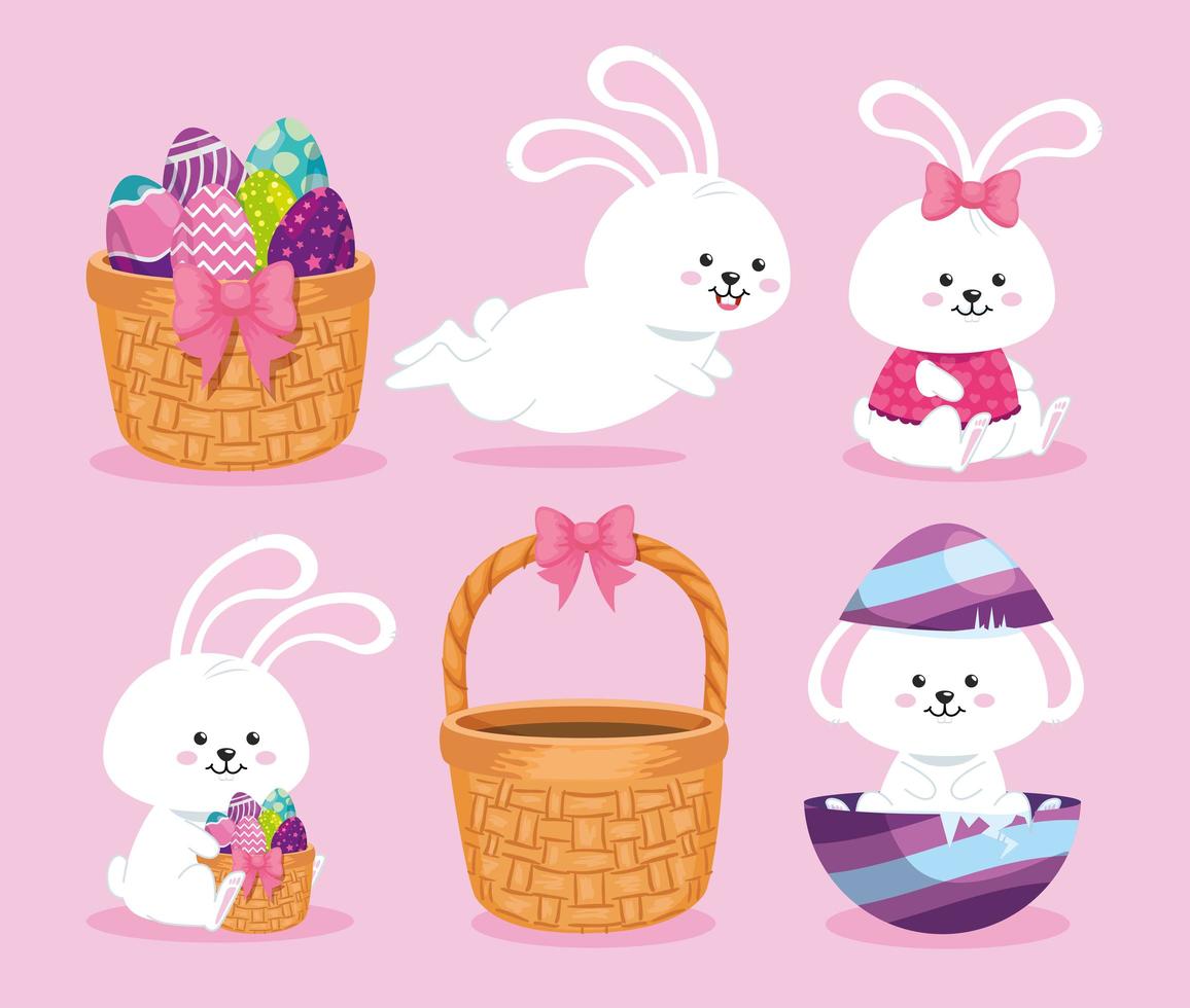 set of cute rabbits and baskets wicker with eggs easter vector