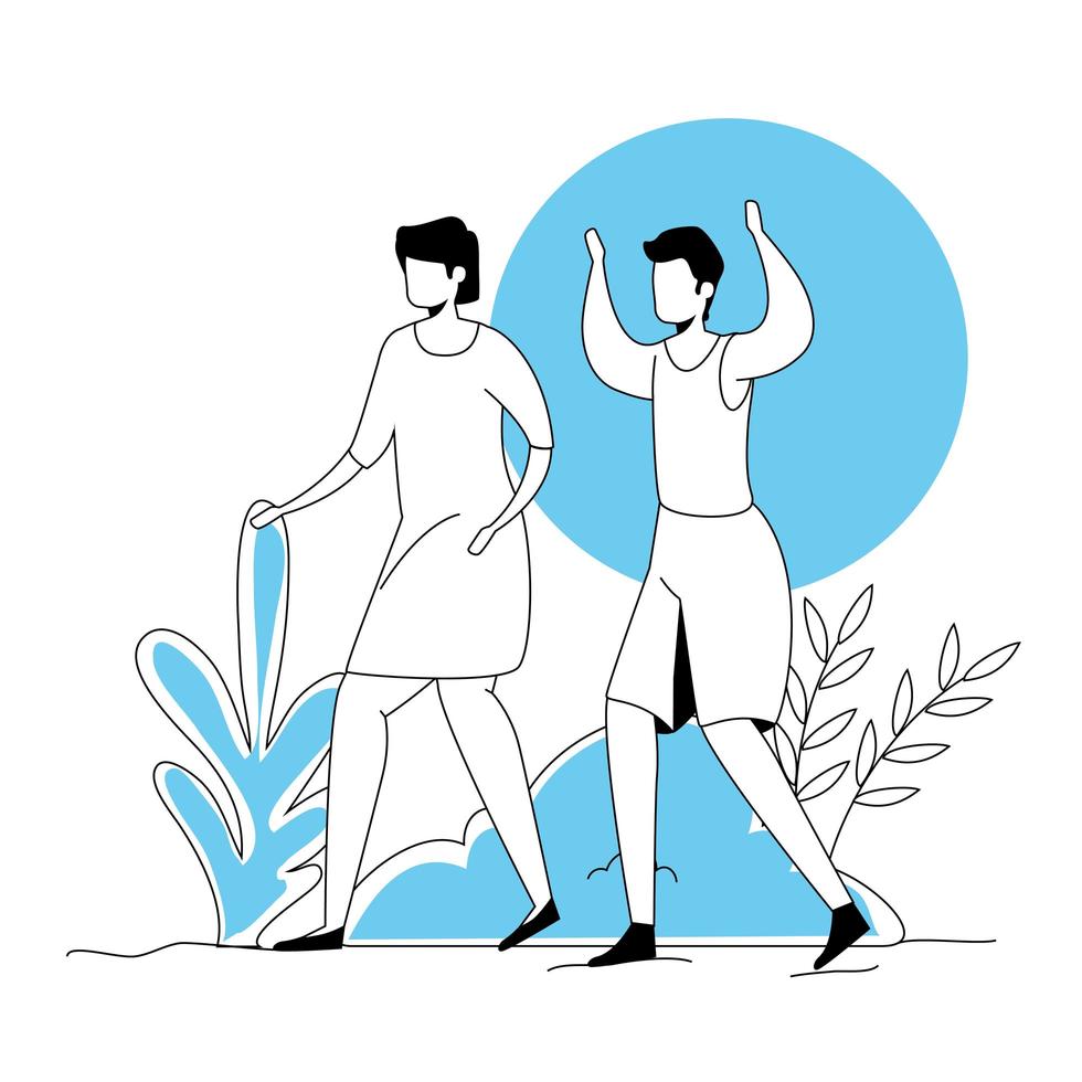 couple practicing exercise in park landscape vector