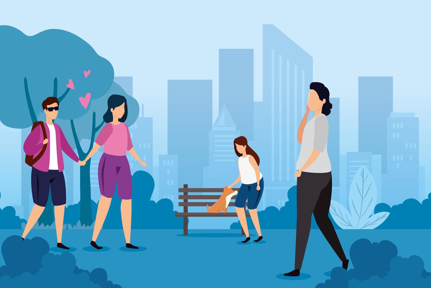 people in park with urban landscape vector