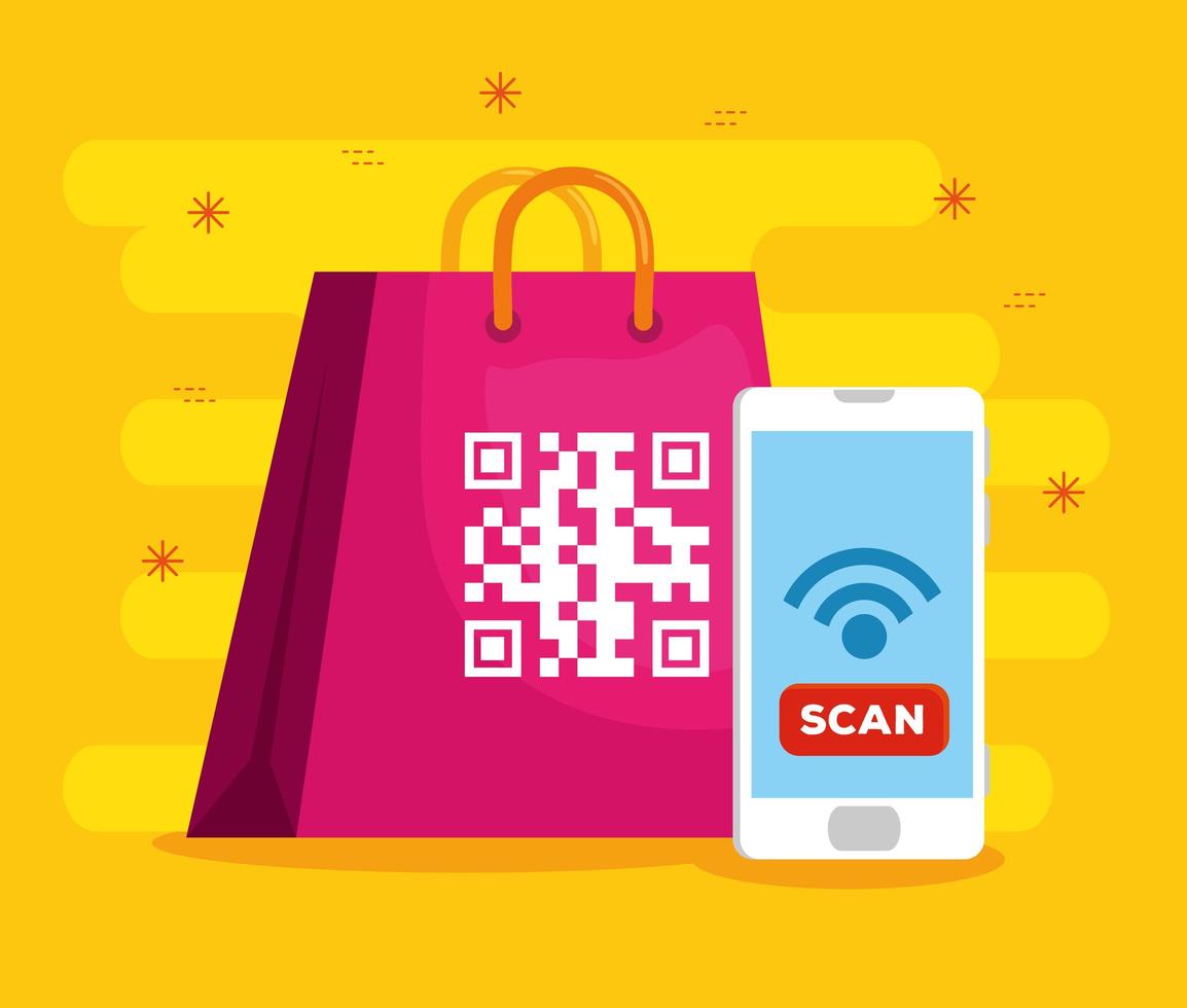 escanear el código qr en la bolsa de compras con el teléfono inteligente vector