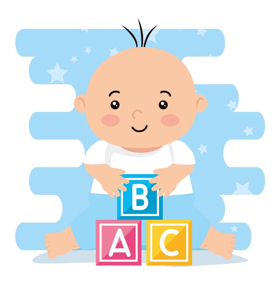 cute little baby boy with cubes toy vector