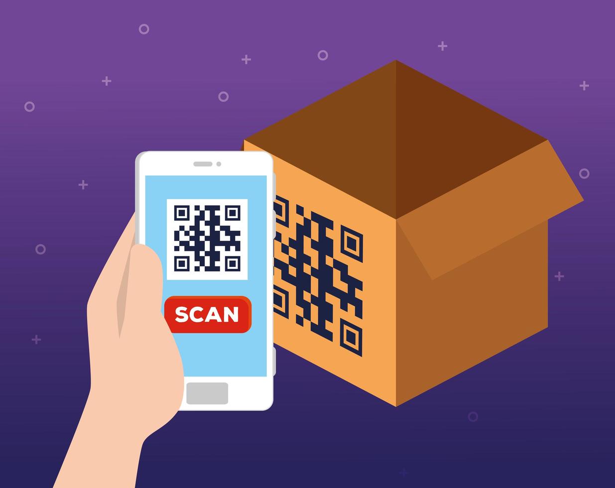 escanear el código qr en la caja con el teléfono inteligente vector