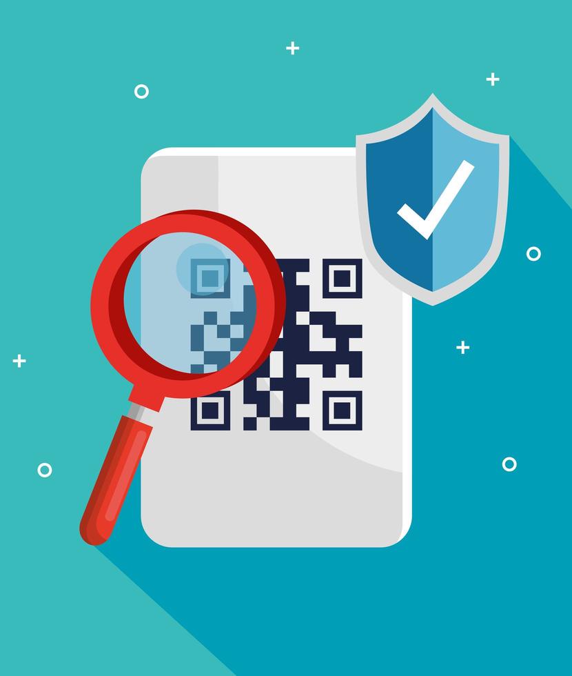 code qr with magnifying glass and shield vector