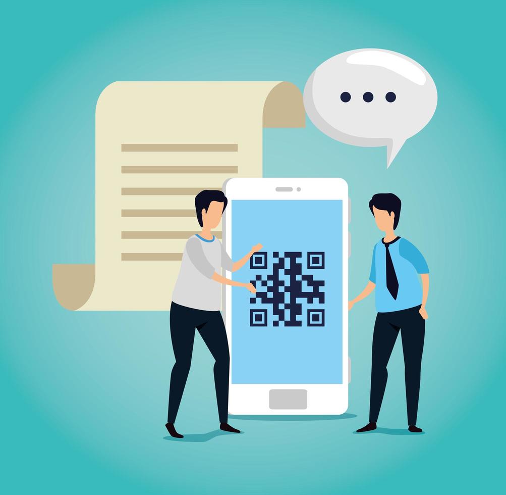 Código qr en smartphone con empresarios e iconos. vector