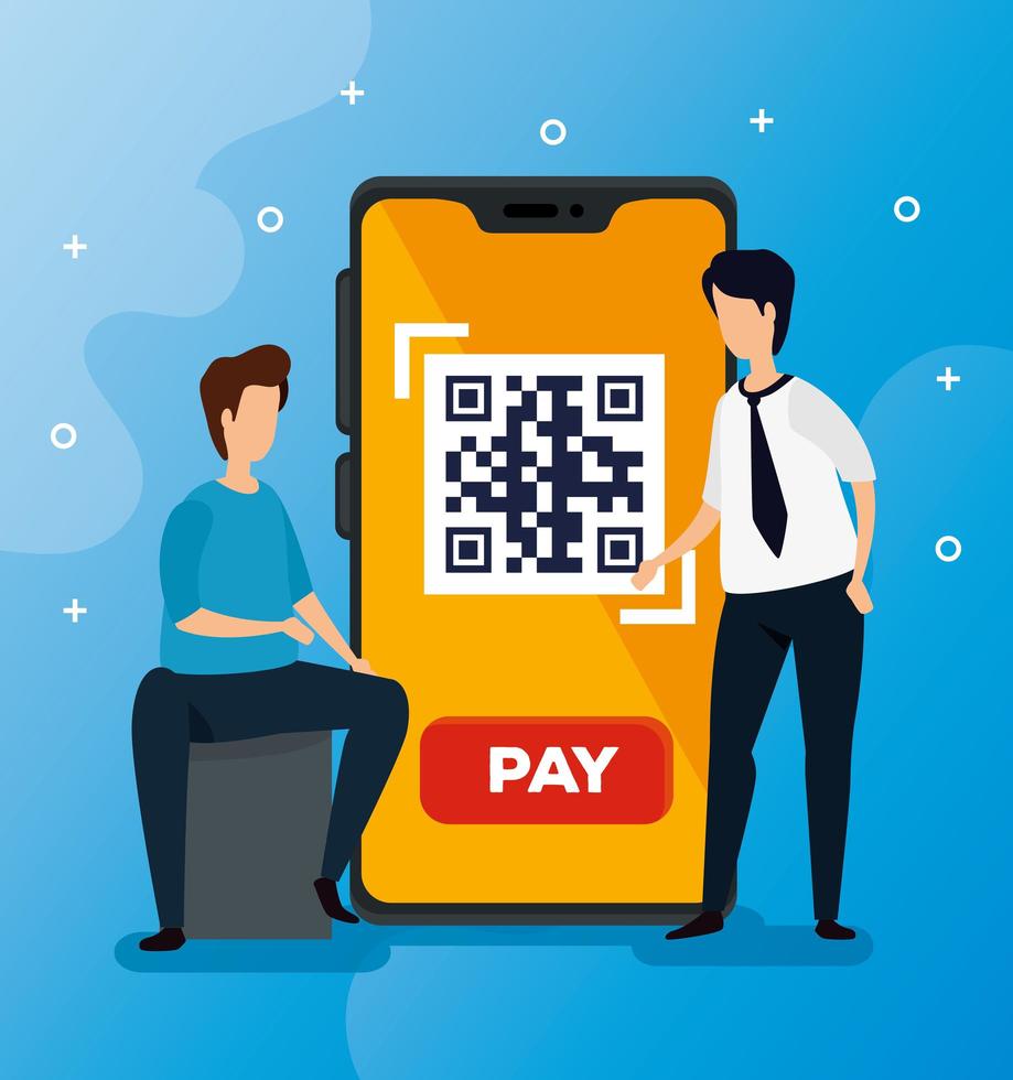 Código qr en smartphone con empresarios e iconos. vector