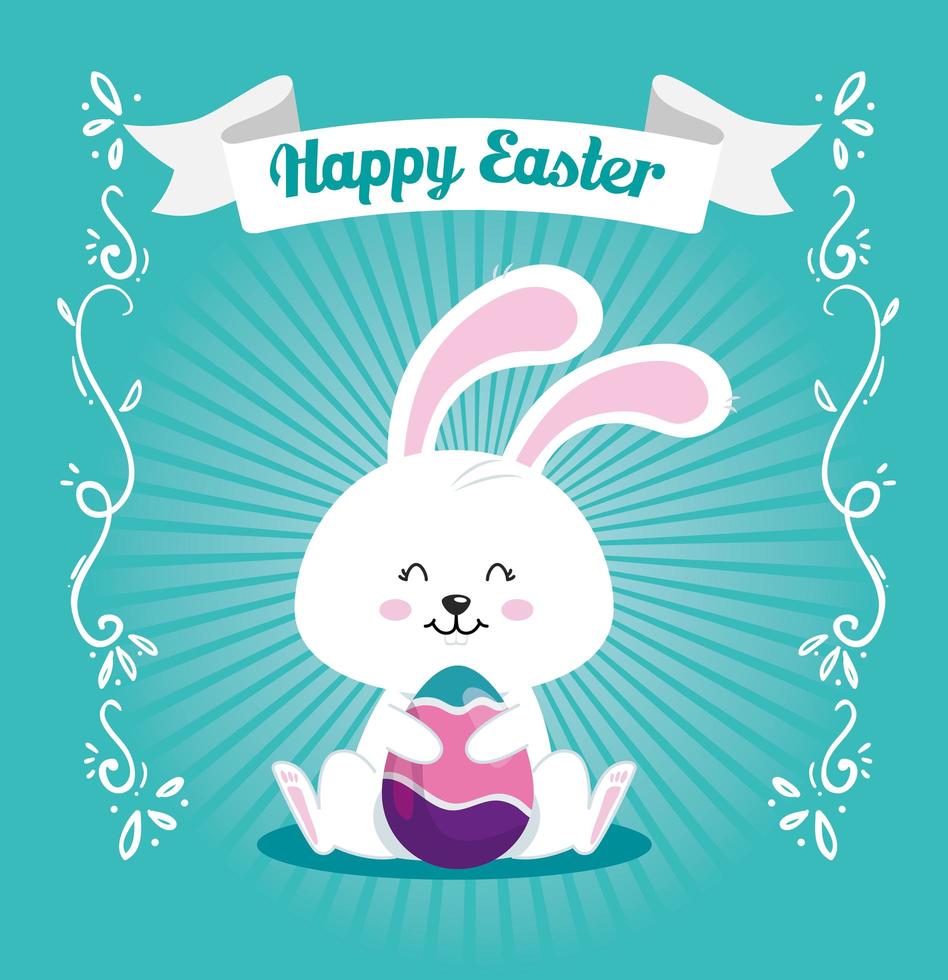 happy easter card with cute rabbit and egg vector