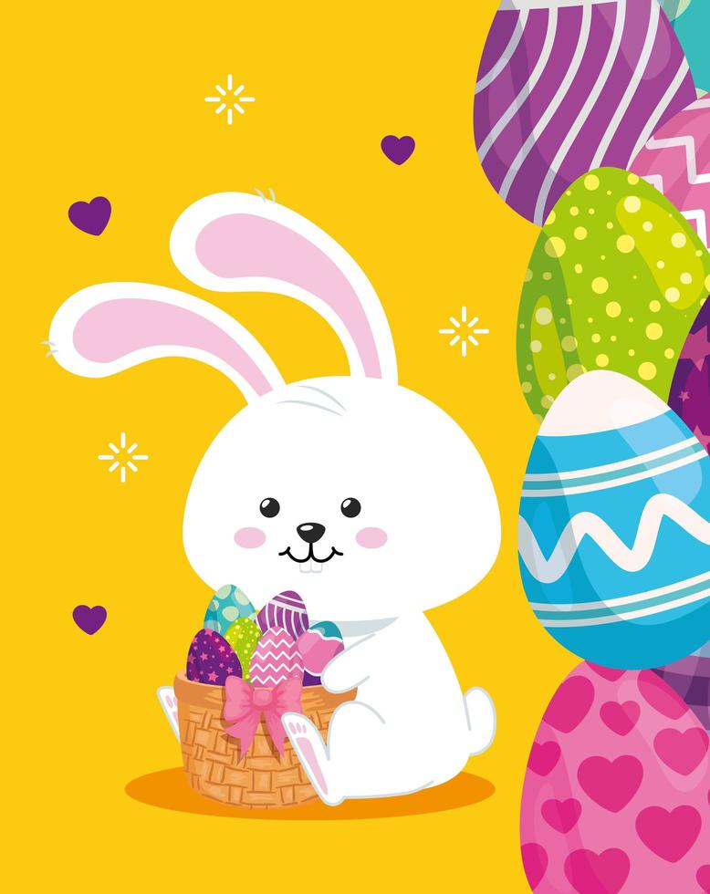lindo conejo con huevos de pascua decorado vector