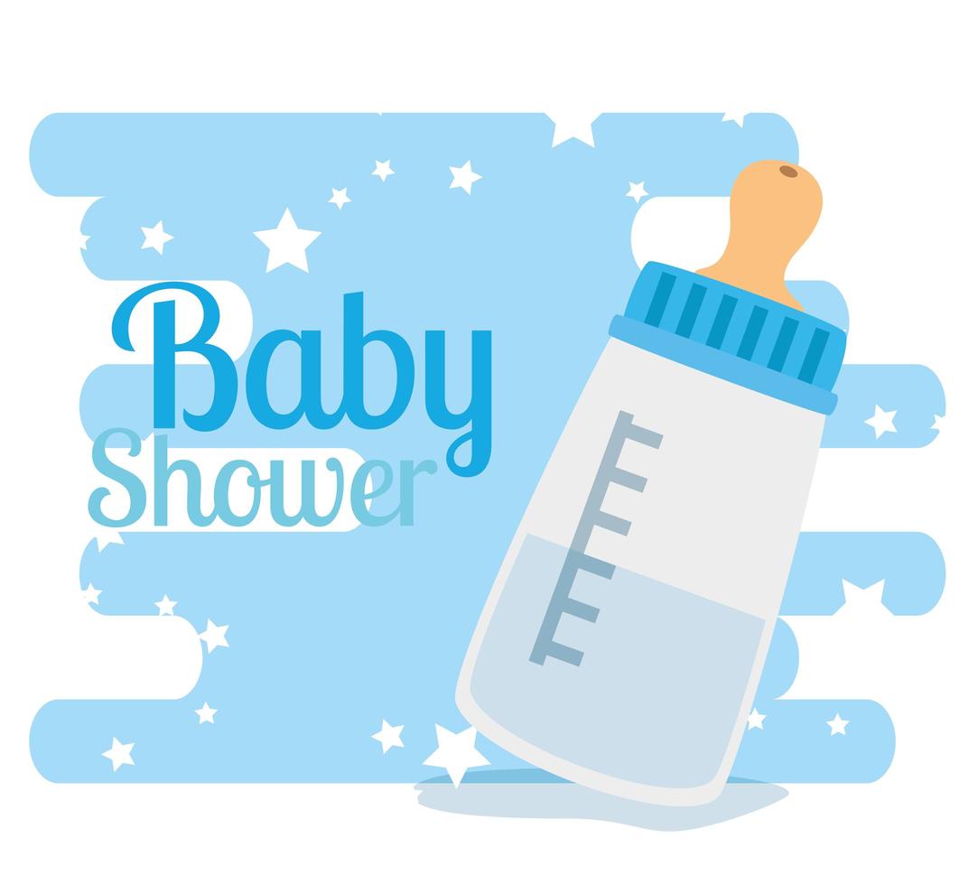 Tarjeta de baby shower con botella de leche y decoración de estrellas. vector
